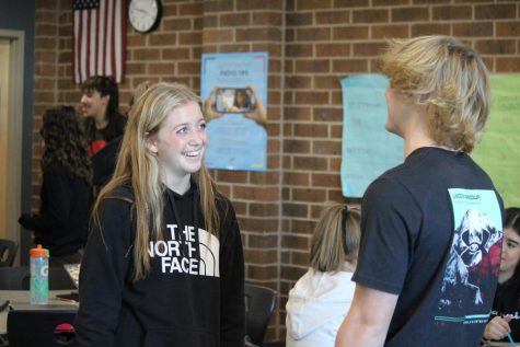 Abigail Rolf (10) and Teegan Cole (10) practice interviewing skills during introduction to journalism. Next year, a student-led newspaper will be a new course offering for WHS students. (Holland Luedtke)