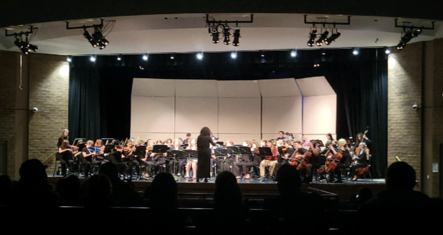 The WHS music department performs The Simpsons at their final concert on May 11. They worked hard to celebrate the end of the year and make sure both the orchestra and the band sounded good together. (Brandy Annable)