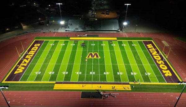 An aerial shot of the new turf. The turf was made by Rocky Mountain Sports Turf and shows the Never Outworked (N.O.) mantra on the 32-yard line.
