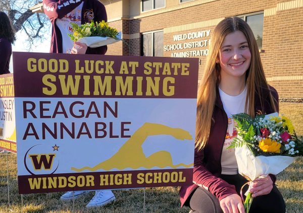 Reagan Annable (10) poses outside the district office where she celebrated going to state. Annable broke the WHS dive record and placed second at state. (Brandy Annable)