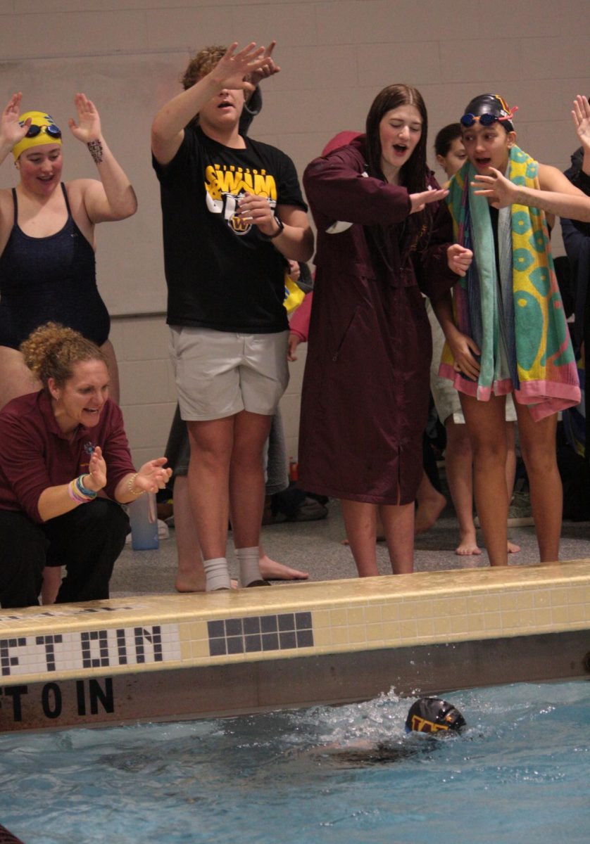 Jennifer Sedaghat — Ellie Sedaghats mom — Nolan Howe (10), Reagan Annable (10) and Abbie Sedaghat (10) cheer on teammates. Annable was the only diver who attended state this year.