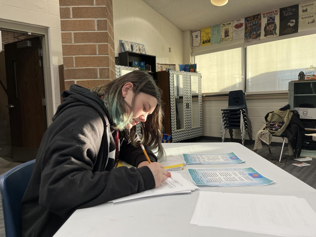 Aris Billapando (09) works on organizing a list of forms for actors and technicians, one of their many duties as an assistant-assistant director. Billapando is the assistant-assistant director for the spring musical, 9 to 5 and a student director in their theatre I class.