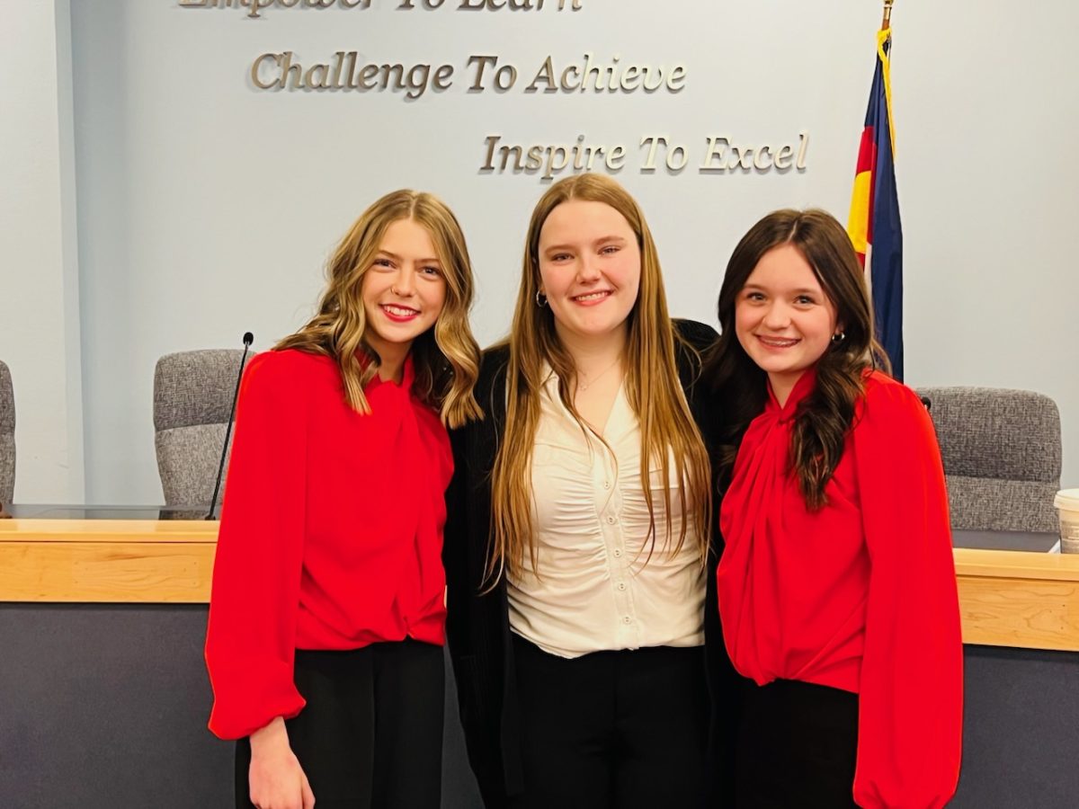 Lyla Bumford (10), Ruth Stephens (10) and Sonia Miller (10) gather at Colorado State University for the Northern District Event where they were titled with their district officer positions. All three students are sophomores and plan to continue with FCCLA leadership through all of high school.