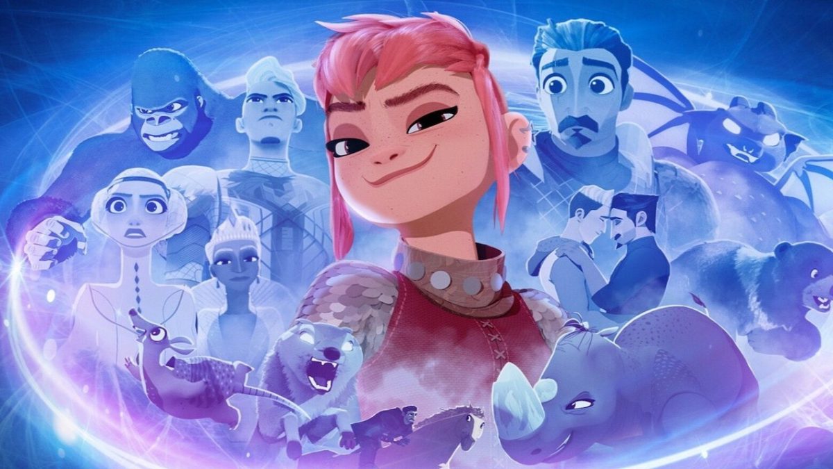 Title-character Nimona poses, surrounded by other characters from the film “Nimona.” “Nimona” was released in June 2023 and was nominated for an Oscar award. (Netflix)