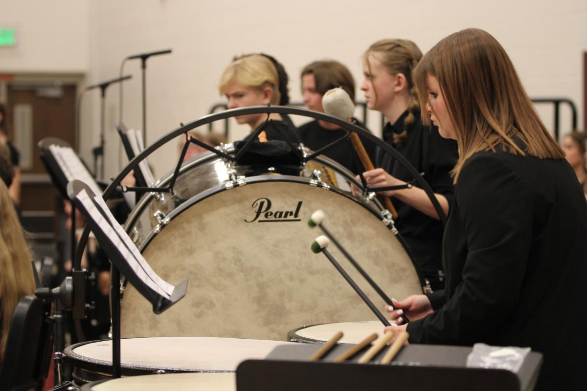 Gabby Overholt (12) plays the timpani at the Veterans Day Assembly on Nov. 10, 2023. Overholt has been a part of percussion since the fourth grade and plans on continuing that passion  through college, hopefully making a career out of it.