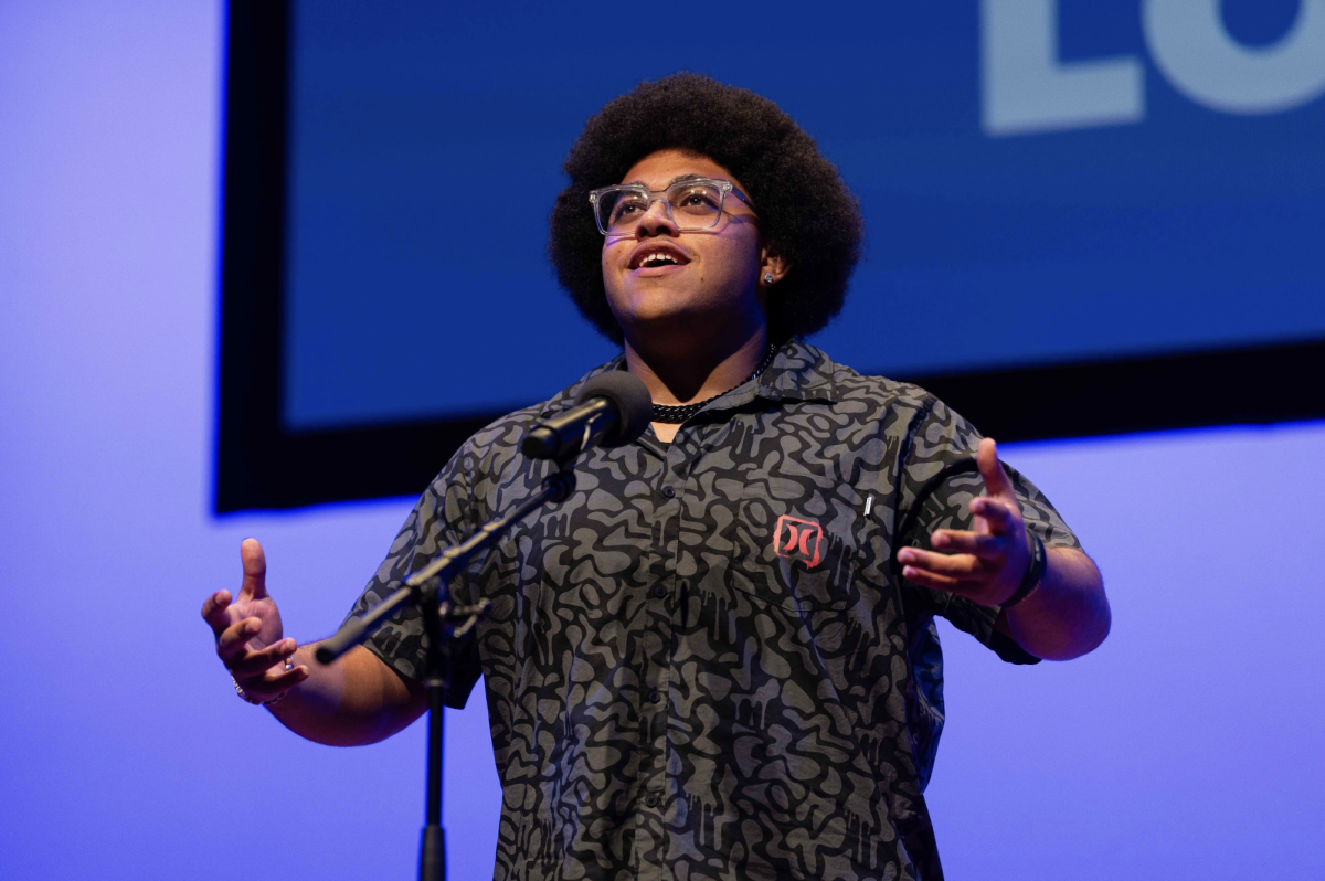 Rize Simmons (11) performs Songs for the People by Frances Ellen Watkins Harper at the national Poetry Out Loud competition on Wednesday, May 1. He won the state competition on March 11, qualifying him for nationals in D.C. (James Kegley, Poetry Out Loud)