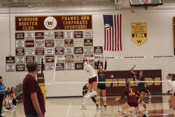 Volleyball player spikes the ball over the volleyball net