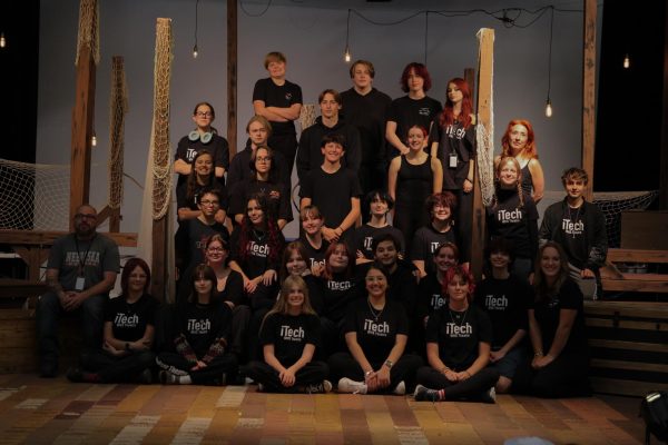 Members of tech pose for a group photo. Tech crew members and actors have worked since the end of August to bring "The Old Man and the Old Moon" to light.