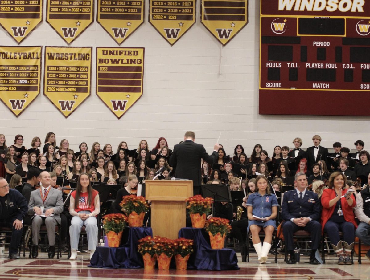 The Windsor High School choir sings during the assembly. They played in honor of the many veterans in front of them and those who were not and prepared for this concert for weeks.