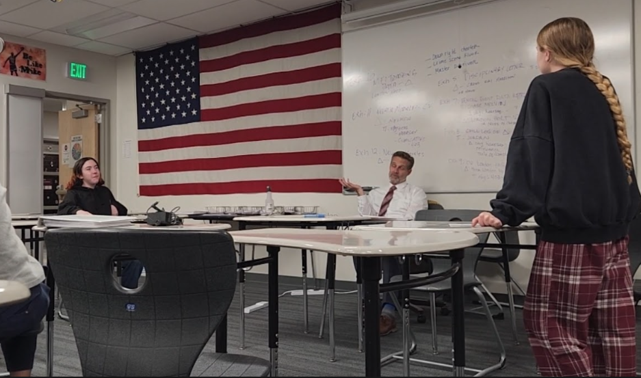 Students practice for mock trial tournament with attorney Ethan Doak. Mock trial is held in Kyle Stapleton's (staff) classroom on Tuesdays and Thursdays after school.