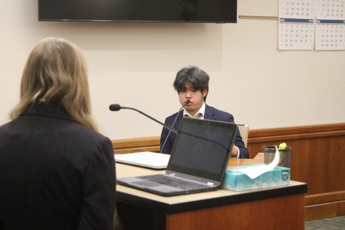 Dexter Chiong (12) practices his direct examination during the Northern Colorado Regional Mock Trial Competition. Chiong's team and the other team made it to state for the first time in more than 20 years.
 