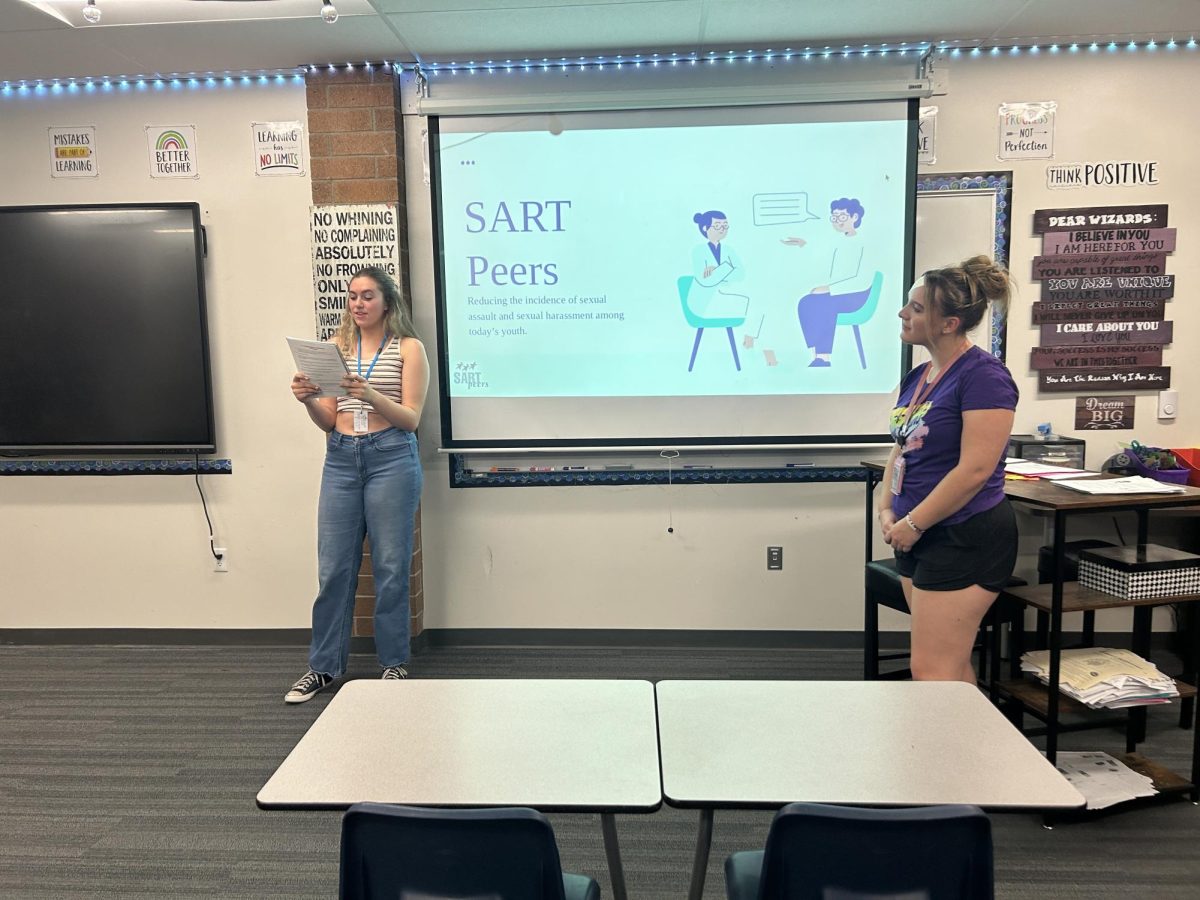 Keegan Miller (10) and Allison Ayotte (10) give SART presentations on April 29. These presentations are designed to educating students on sexual violence. 