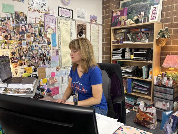 Teacher sits at her desk and looks at the computer