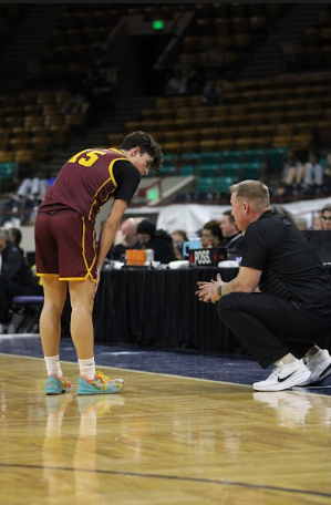 coach and player talk on court